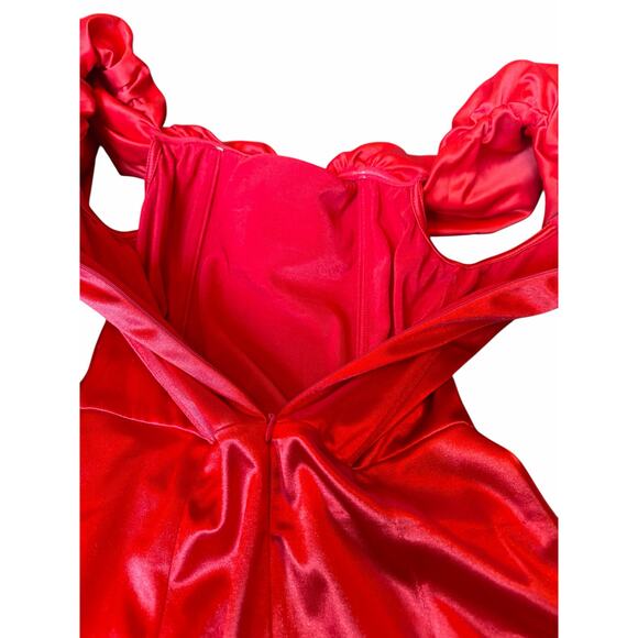 Off Shoulder Red Satin Mini Dress - Size M - Picture 8 of 12